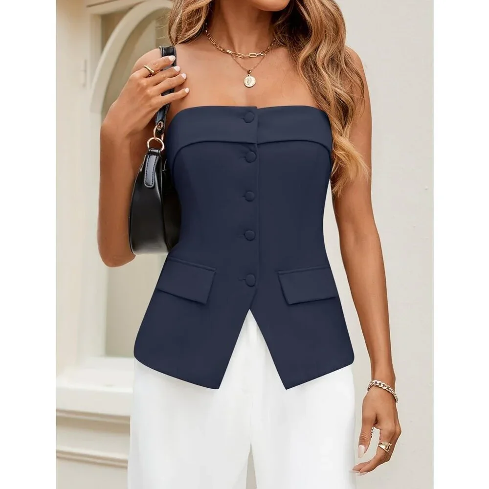 Women's Blue Summer Going Out Sleeveless Button Down Dressy Tube Vest Tops
